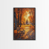 Autumn Park Bench Scene With Trees And Lamppost Framed Canvas Print Wall Art Fall Decor, Rustic Autumn Art Gift, Seasonal Canvas Art