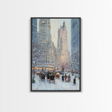 Historical City Winter Framed Canvas Print, Snowy Urban Landscape with Carriages and Victorian Architecture, Elegant Christmas Wall Art