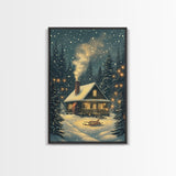Cozy Cabin in Snowy Winter Forest, Warm Christmas Lights and Peaceful Holiday Scene, Perfect for Winter Wall Art, Framed Canvas Print