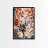 Cowboy riding through autumn forest, Framed Canvas Print, fall landscape wall art, western style decor for cozy homes, perfect gift idea