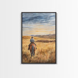 Cowboy leading cattle across golden prairie, Framed Canvas Print, western landscape wall art for rustic farmhouse decor, gift idea holiday