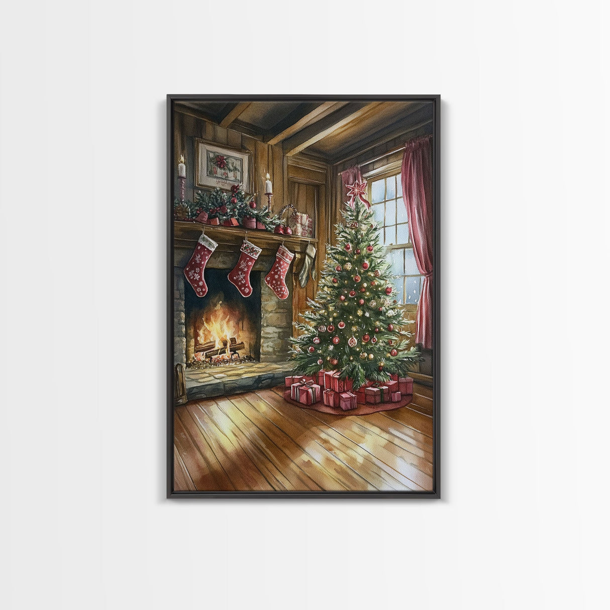Cozy farmhouse Christmas interior Framed Canvas Print with tree stockings and fireplace, warm holiday art rustic Christmas decor mantle