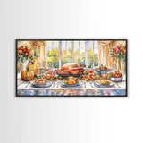 Framed Canvas Print Autumn Thanksgiving Dinner Table Art with Pumpkins, Perfect Fall Home Decor, Seasonal Wall Art, and Gallery Wall Piece