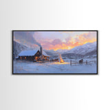 Cozy Snowy Log Cabin Tall Art Framed Canvas Print Winter Home Decor With Warm Fireplace And Horse Rider Under A Beautiful Sunset Scene