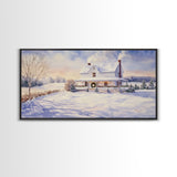 Farmhouse Christmas decor Framed Canvas Print snowy white farmhouse with wreath winter wonderland holiday decor best gift Christmas wall art