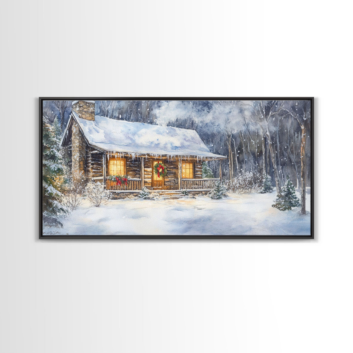 Snowy cabin Christmas decor, winter wonderland wall art, rustic farmhouse Christmas print, cozy country home decor, framed canvas print