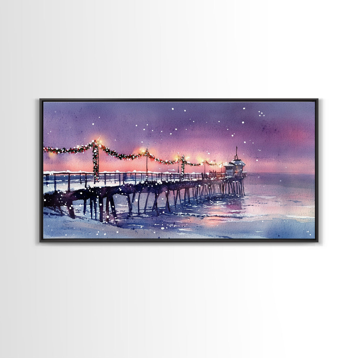 Snow-Covered Pier at Dusk with Christmas Lights, Framed Canvas Print, Coastal Holiday Decor, Winter Wonderland, Nautical Christmas Wall Art