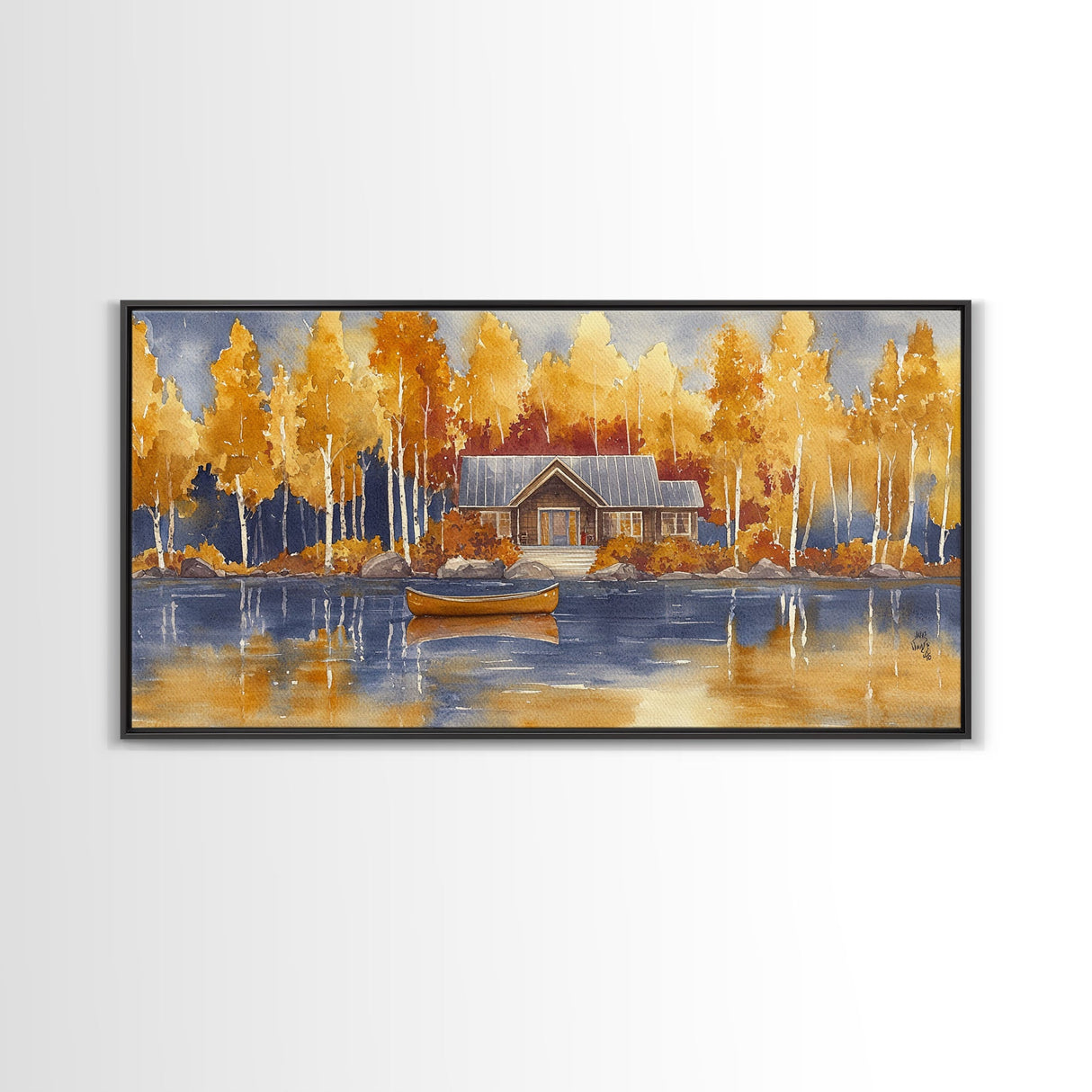 Lakeside cabin in autumn, framed canvas print, cozy fall decor, rustic cabin home decor, fall landscape wall art, perfect autumn gift idea