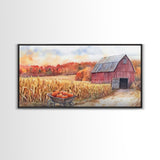 Autumn Barn with Pumpkins in Wheelbarrow, Farmhouse Fall Decor, Framed Canvas Print, Seasonal Wall Art, Country Home Decor, Gift Idea
