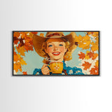 Happy Cowgirl Enjoying Hot Cocoa, Framed Canvas Print, Cute Fall Decor, Rustic Farmhouse Wall Art, Retro Style Trendy Autumn Decor
