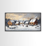 Snowy Village Church Scene, Rustic Christmas Landscape Wall Art, Winter Wonderland Framed Canvas Print, Country Holiday Home Decor