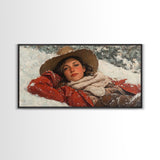 Cowgirl Laying In The Snow Framed Canvas Print, Cute Rustic Decor, Cowgirl Portrait Painting, Winter Wall Art