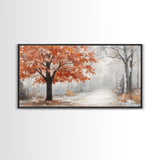 Misty Forest Path with Orange Leaves Framed Canvas Print, Ideal Autumn Decor or Fall Wall Art for Cozy Home Interiors