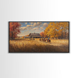 Horseback Riders In Autumn Near Barn, Rustic Fall Wall Art, Cozy Farmhouse Decor Framed Canvas Print, Harvest Time Country Art