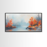 Fall On The Lake, Framed Canvas Print, Beautiful Seasonal Decor, Moody Landscape Painting
