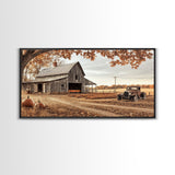 Farmhouse Autumn Decor Framed Canvas Print with Rustic Truck and Barn, Fall Country Art Wall Decor, Pumpkin Harvest Gift Idea Seasonal Decor