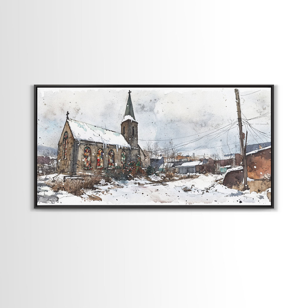 Snowy church scene framed canvas print, stained glass church in winter with snow-covered rooftops, perfect Christmas or holiday art display