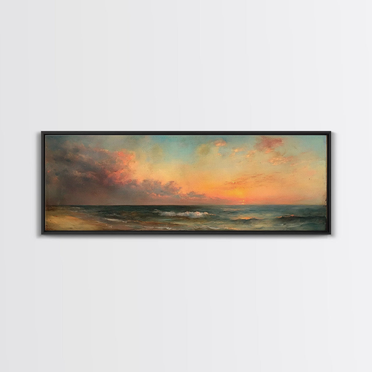 North Beach at Sunset, Framed Canvas Print, Beautiful Panoramic Seascape Painting, Boho / Minimalist Home Decor, Rustic Beach Art