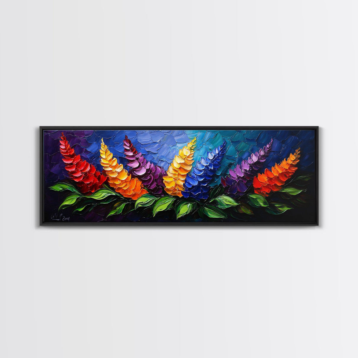 Large Wildflower Painting on Navy Blue Background, Canvas Print, 3D Appearance, Minimalist / Boho Farmhouse Decor