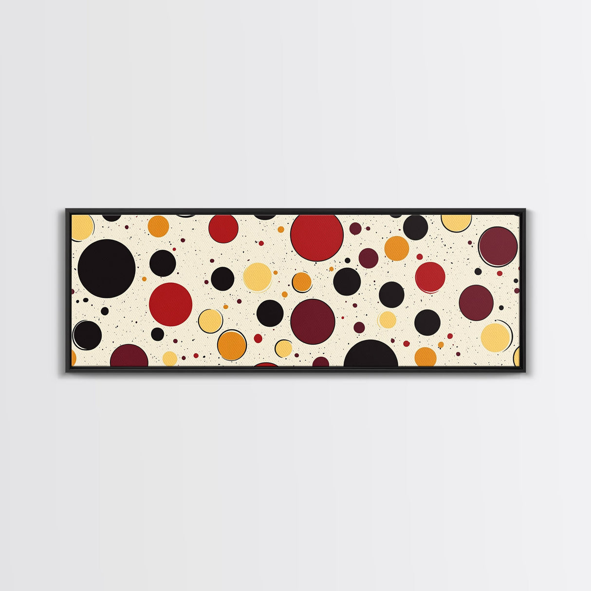 Polka Dots - Framed Canvas Print - MCM Inspired Midcentury-Modern Wall Art - Red, Yellow and Black Dots on a White Background
