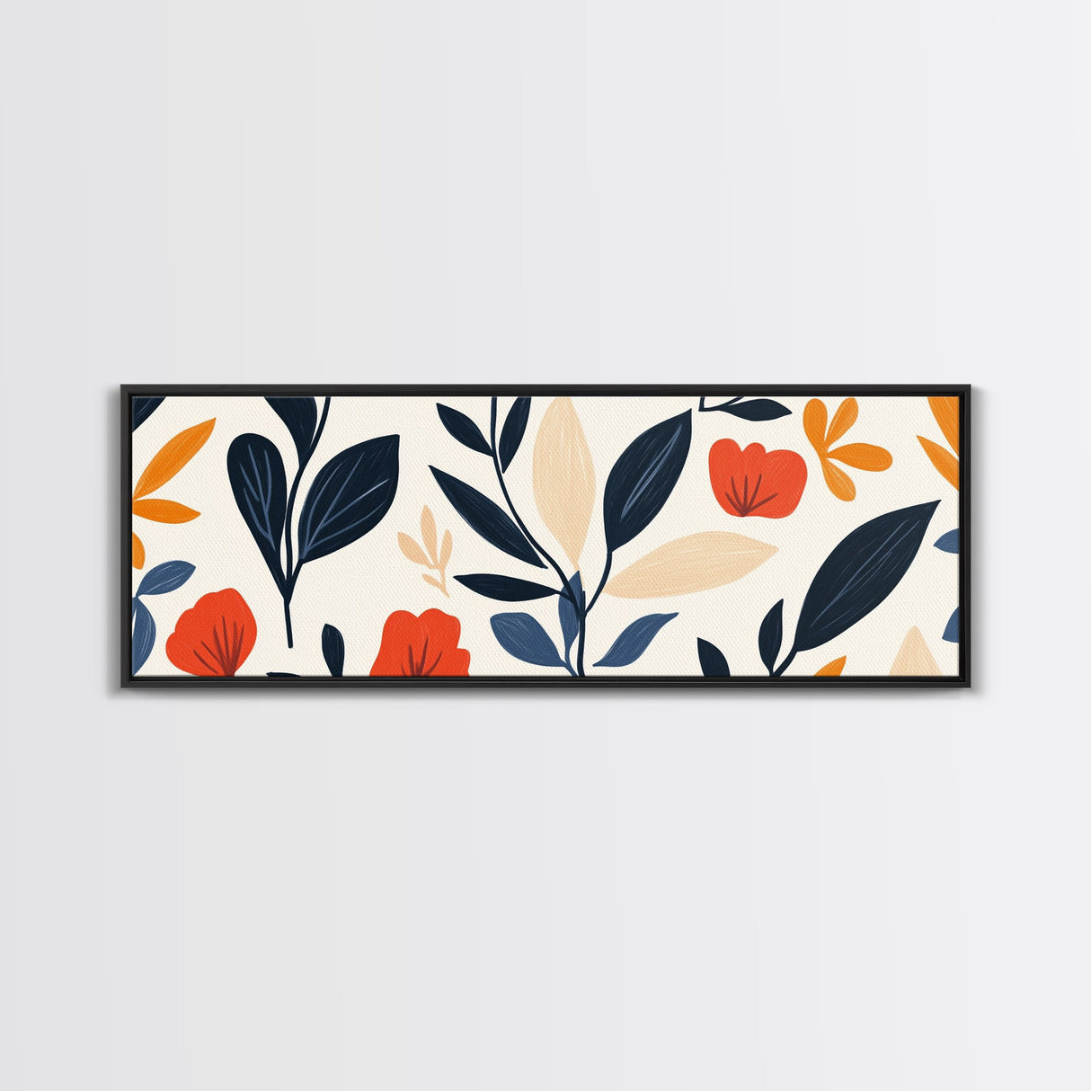 MCM Floral Print, Framed Canvas Art With Wood Frame, Over Sized Extra Wide Art For Above Sofa, Blue flowers on Black Background