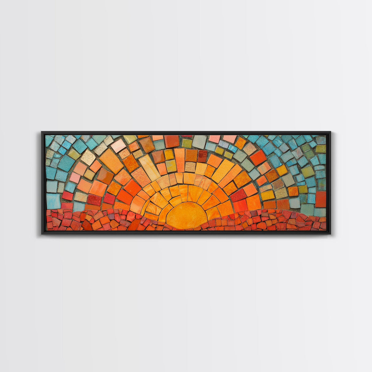 Wood Framed Mid Century Modern Wall Art - Sunset Mosaic Tiles Print - Horizontal Modern Wall Art - Panoramic Above Bed Decor - Boho Wall Art