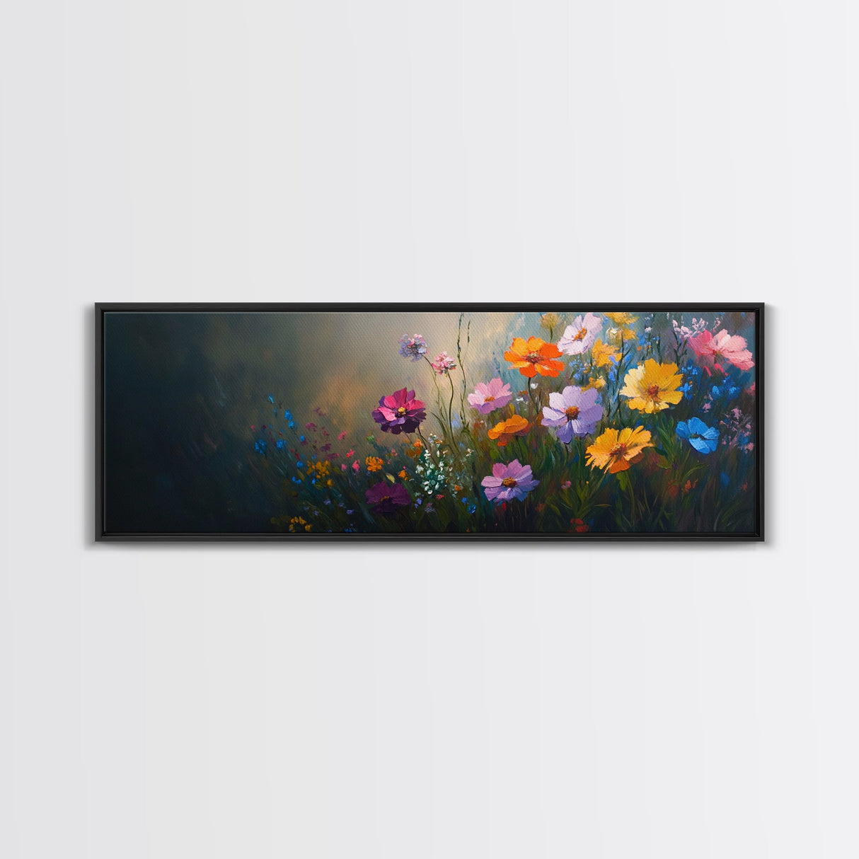 Wildflowers In a Thunder Storm, Framed Canvas Print, Colorful Botanical Print, Field of Wildflowers Canvas Art, Dark Floral Landscape Wide Art
