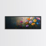 Wildflowers In a Thunder Storm, Framed Canvas Print, Colorful Botanical Print, Field of Wildflowers Canvas Art, Dark Floral Landscape Wide Art