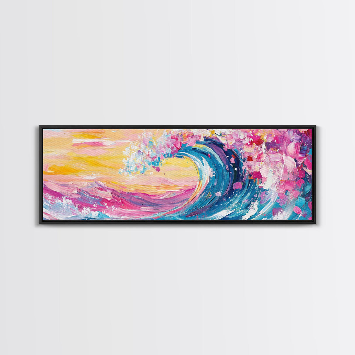 Rainbow Waves, Pink and Turquoise Ocean Waves Framed Canvas Print, Eclectic Kitsch Decor, Retro Farmhouse Wall Art