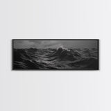 Black and White Ocean Photography Style Print, Panoramic Wall Art, Wood Framed Canvas Art, Seascapes, Nautical Decor