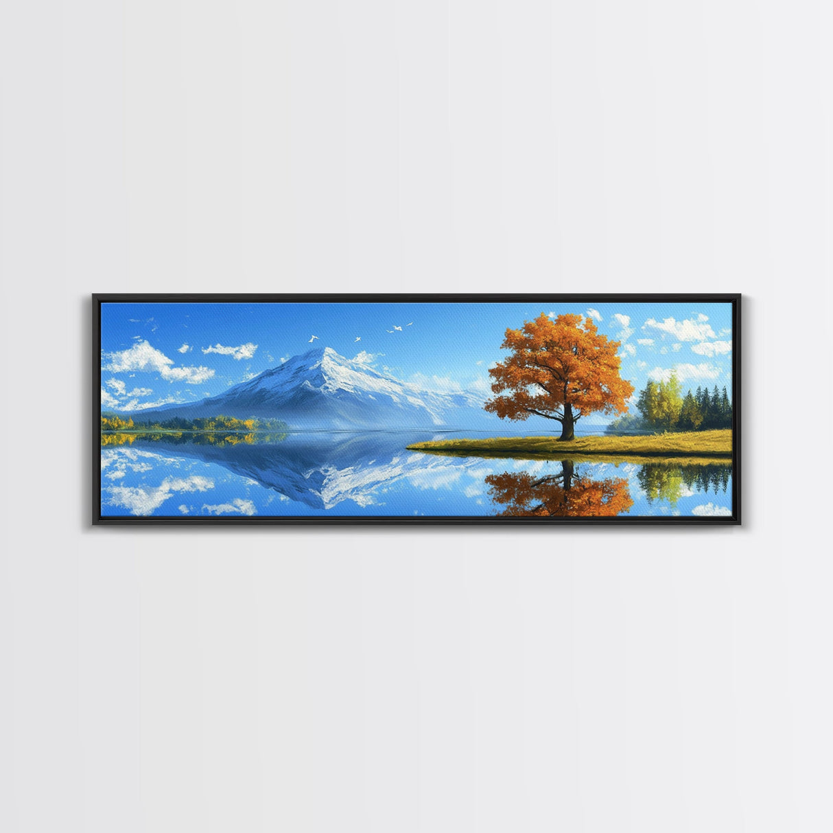 Large Framed Landscape Art | Reflections In The Lake | Panoramic Landscape Painting Framed Canvas Print | Canvas Wall Art