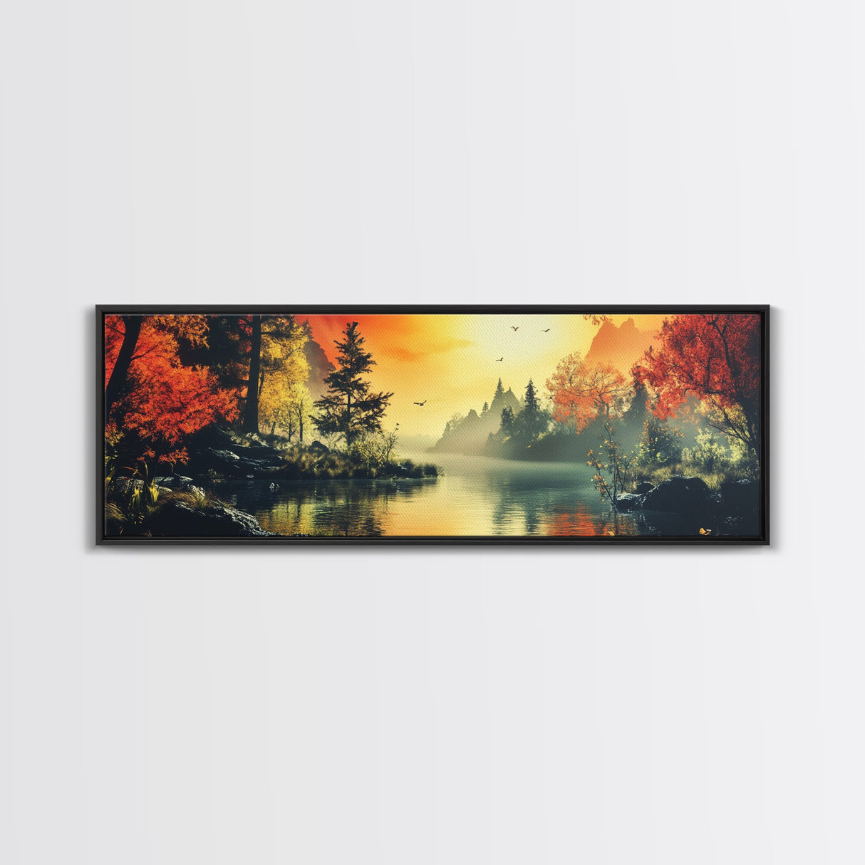 Dark and Moody Landscape, Sunset in the Valley, Framed Canvas Print, Original Artwork Gift Idea, Horizontal Print, Above Sofa, Lake House Decor, Lake Art