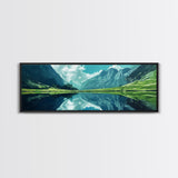 Reflections On The Lake - Framed Canvas Print - Panoramic Original Landscape Painting - Lake Painting - Mountain Painting - Minimalist Muted Art