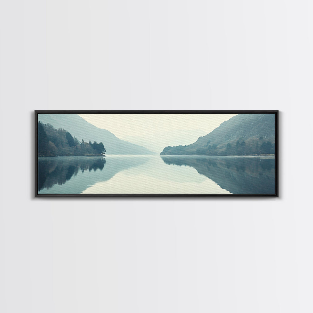Reflections on an Overcast Day, Framed Canvas Print, Moody Decor, Foggy Landscape Painting, Panoramic Wall Art