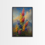 Vintage Style Canvas Print Oil Painting of Wild Flowers On A Mountain Landscape, Framed Canvas, Antique Style Wall Art, Painting of Flowers