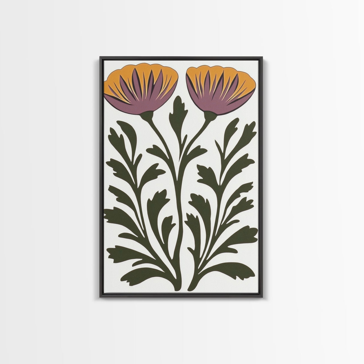 Abstract Botanical Wall Art, Framed Canvas Print, Purple Flowers on White Background