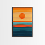 Sunset Over The Ocean Minimalist Print, Vertical Sea Sun Framed Canvas, Waves Line Art, Blue and Orange Sunset Beach House Painting