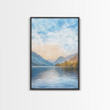 The Calm Lake Framed Canvas Print, PNW Wall Art, Modern Realism Home Decor, Watercolor Landscape Print