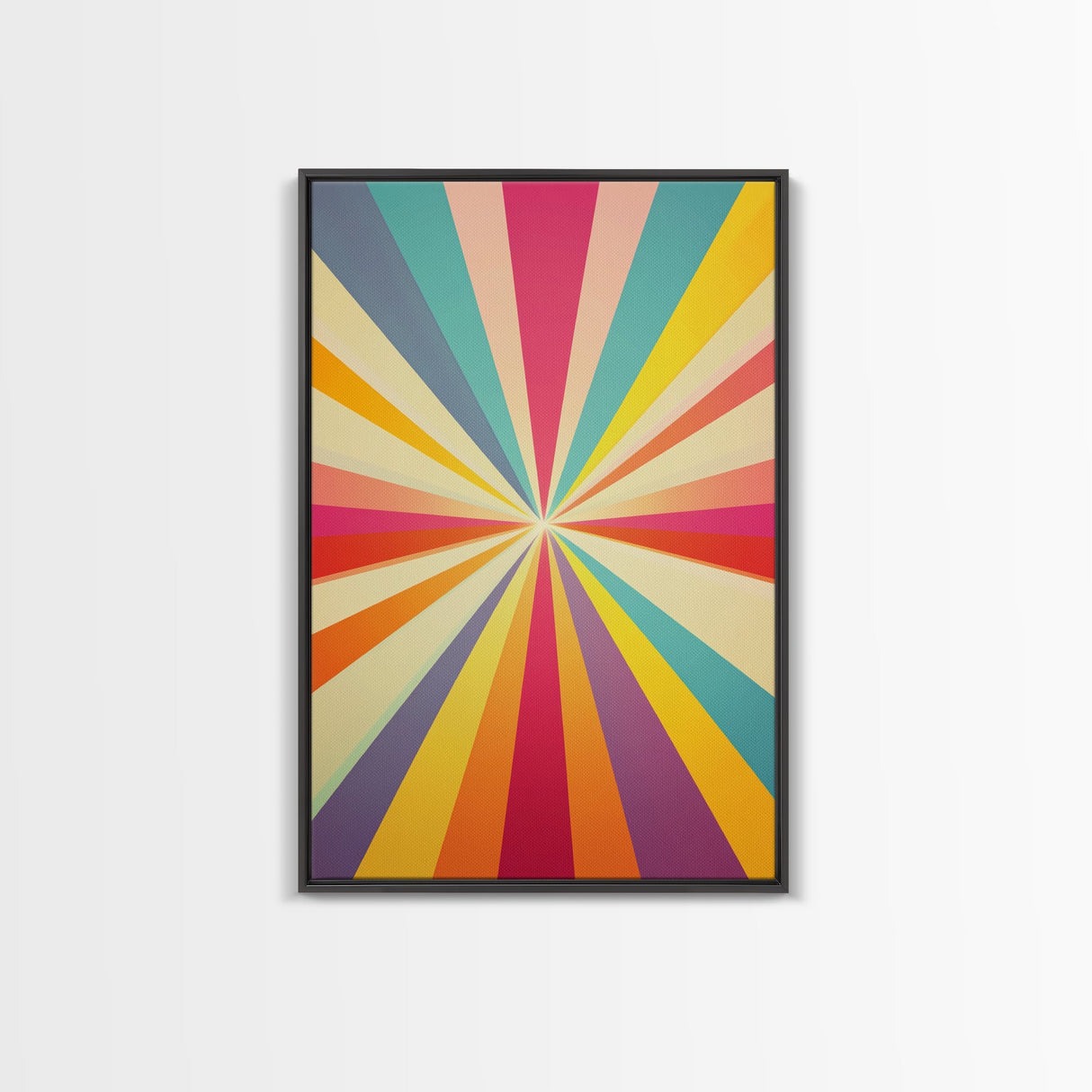 Sea Green, Golden Yellow and Deep Rose MCM Style Wall Art, Framed Canvas Print, Retro Style Colorful Home Decor