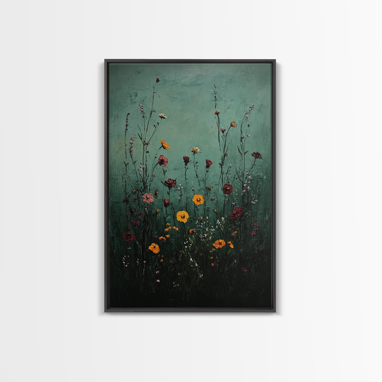 Moody Wild Flowers Print, Framed Canvas, Boho Decor, Wildflowers in a Rain Storm, Modern Farmhouse, Rustic Decor