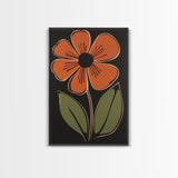 Mid Century Modern Floral Print, Orange Flower on Black Background, Framed Canvas Print