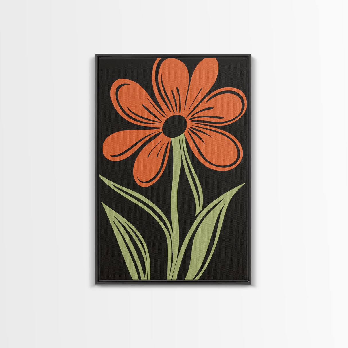 Orange Daisy with Black Background, Framed Canvas Print, Cute Floral Print, Botanical Minimalist Home Decor