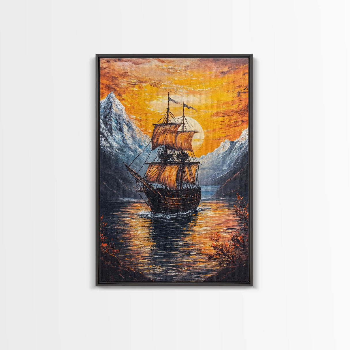 Pirate Ship Sails At Sunset, Nautical Wall Art, Fantasy Decor, Pirate Themed Art, Oil Painting, Fantasy Wall Art, Fantasy Decor
