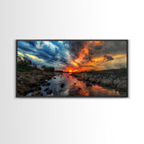 Sunset Over A Rocky River, Framed Canvas Print, Landscape Photography Style Wall Art, Beautiful Home Decor