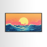 Vaporwave Sunset Over Ocean Waves Framed Canvas Print, Retro Vibes Wall Art