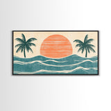 Japanese Wood Block Print Style Sunset and Palm Trees, Framed Canvas Print, Boho Style, Minimalist home Decor