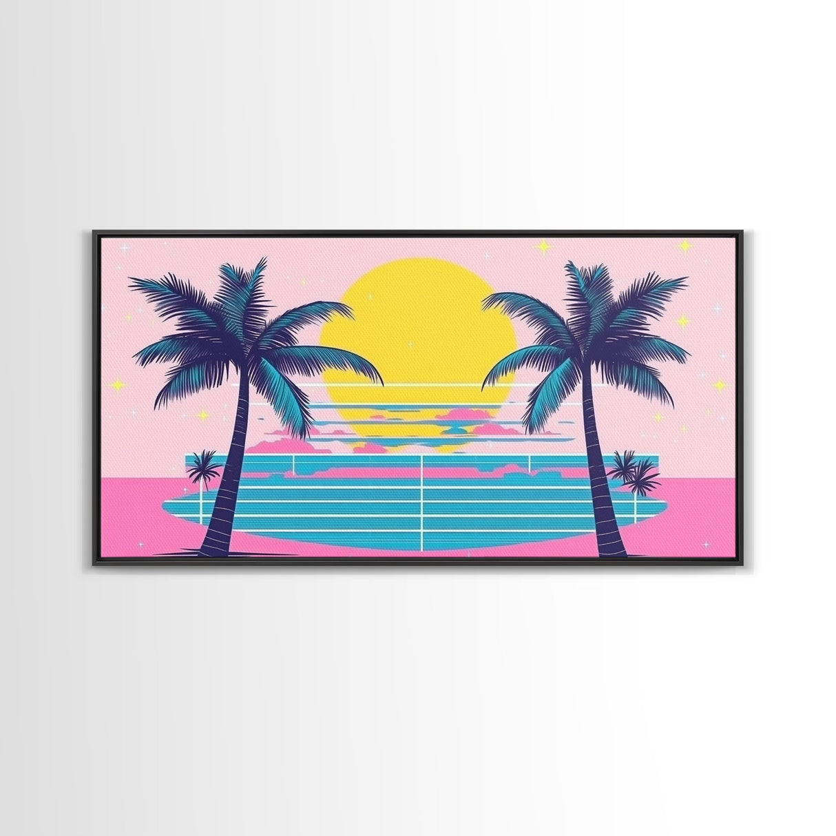 Retro Synthwave Wall Art, Outrun Home Decor Framed Canvas Print, Two Palm Trees and a Sunset