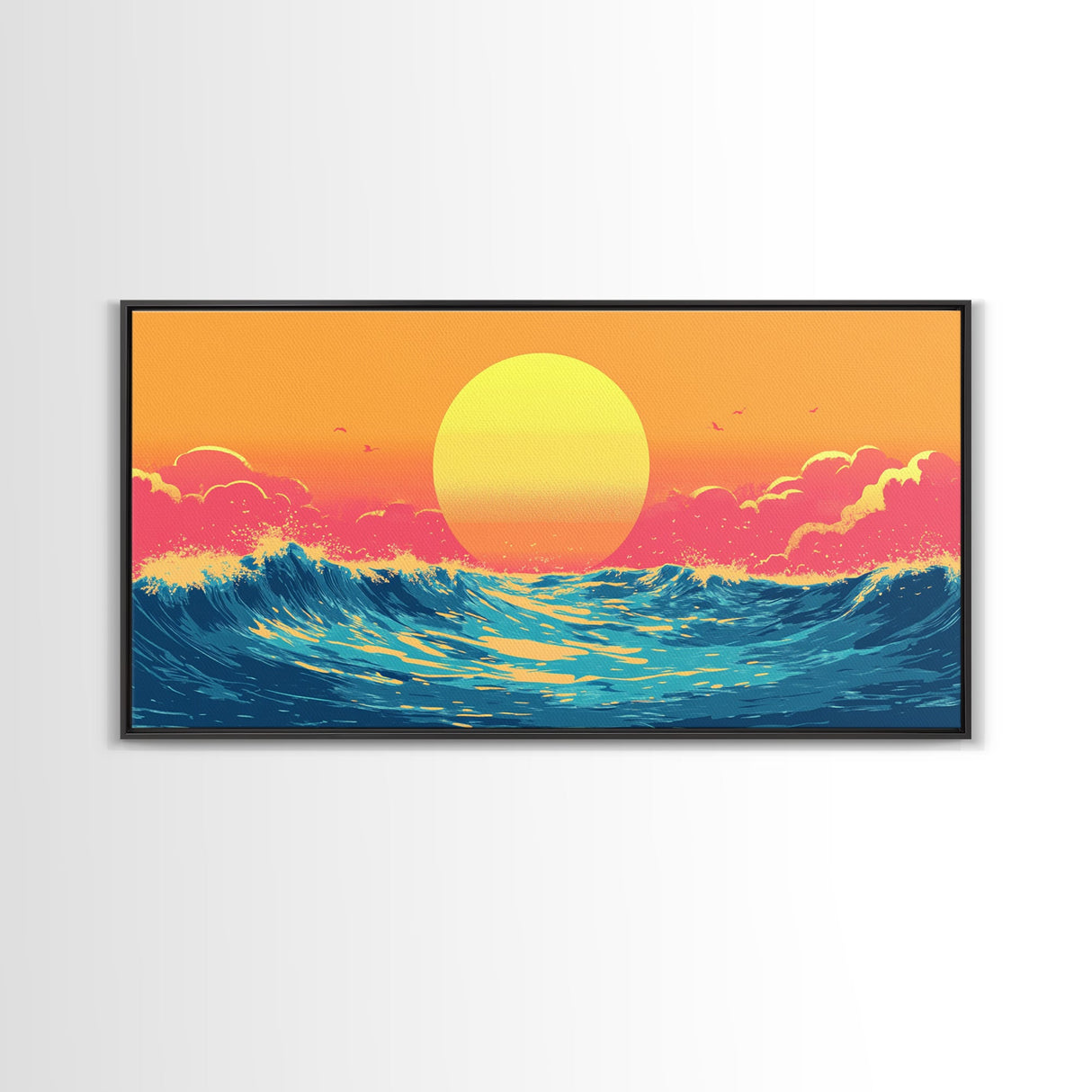 Retro Sunset Over The Ocean, Framed Canvas Print, Beautiful Synthwave Horizontal Wall Art