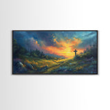 Painting Of a Cross in A Beautiful Landscape Christian Wall Art Framed Canvas Print
