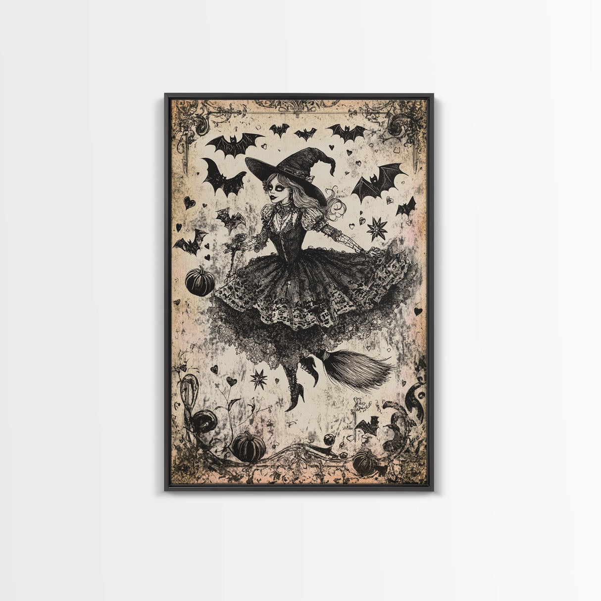 Spooky Season Halloween Witch, Witchy Decor Canvas Print, Black and White Witch Painting Print, Charcoal Sketch Of a Witch
